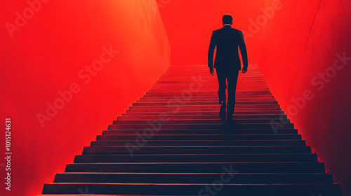 Silhouette of a Man Walking up a Red Staircase