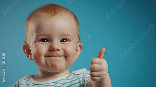 Adorable baby boy giving a thumbs up with a bright smile, framed by a blue background, perfect for promotional banners