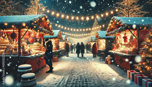 Snowy Christmas Market at Night with Festive Stalls and Glowing String Lights. AI-generated