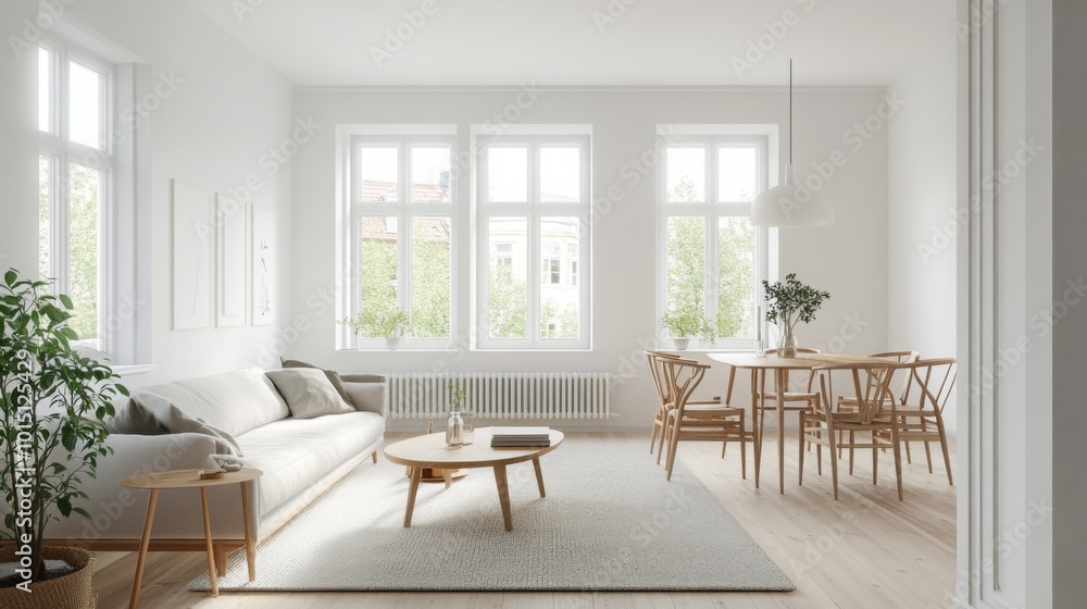 The room is decorated in a minimalist style, with white walls, light wood floors, and white furniture. There is a large white sofa in the center of the room, and a coffee table with a book on it The room is decorated in a minimalist style, with white walls, light wood floors, and white furniture. There is a large white sofa in the center of the room, and a coffee table with a book on it