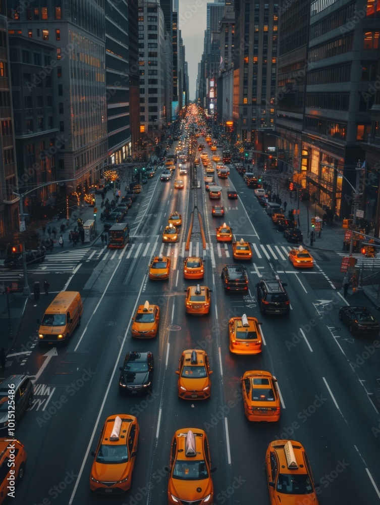 A vibrant city tapestry of yellow taxis weaving through bustling streets at dusk, capturing urban life in motion A vibrant city tapestry of yellow taxis weaving through bustling streets at dusk, capturing urban life in motion