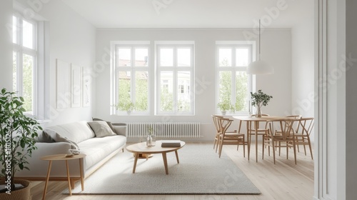 The room is decorated in a minimalist style, with white walls, light wood floors, and white furniture. There is a large white sofa in the center of the room, and a coffee table with a book on it