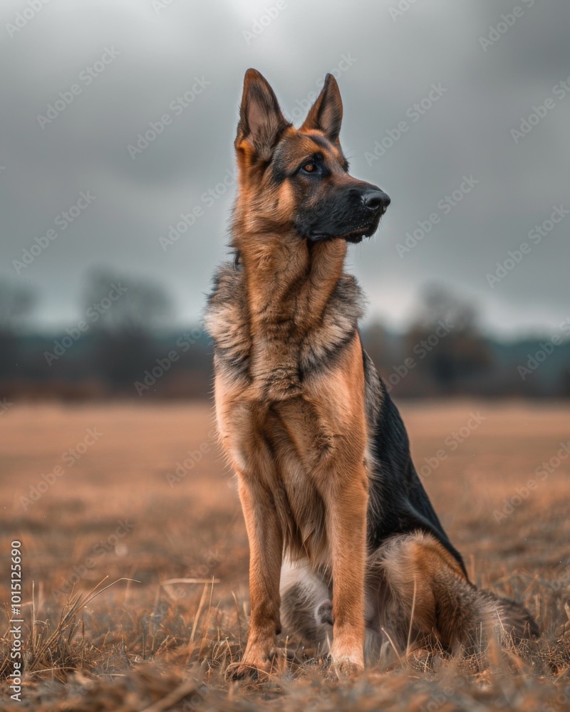 A majestic German Shepherd seated on a training ground under an overcast sky, reflecting focused anticipation during canine behavior training A majestic German Shepherd seated on a training ground under an overcast sky, reflecting focused anticipation during canine behavior training