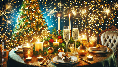 Festive New Year's Eve Dinner with Glowing Candles and Sparkling Champagne Glasses. AI-generated photo