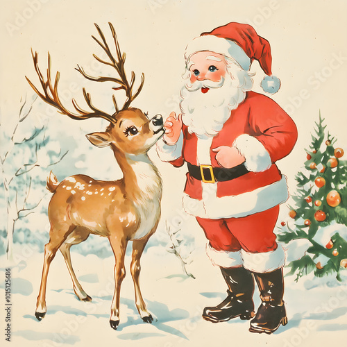 a vintage illustrated christmas scene of santa claus with a reindeer in snowy landscape