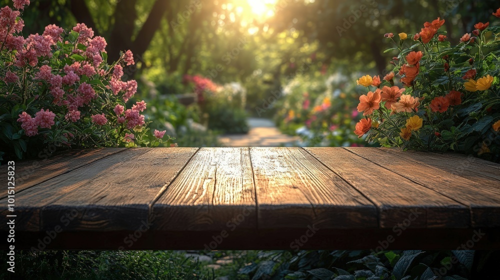 Fototapeta premium Wooden boards for product display in a spring natural environment with flowers