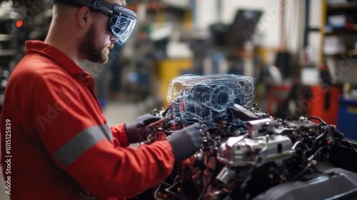 Augmented reality in automotive inspection: Technicians using AR software to diagnose and repair engine components photo