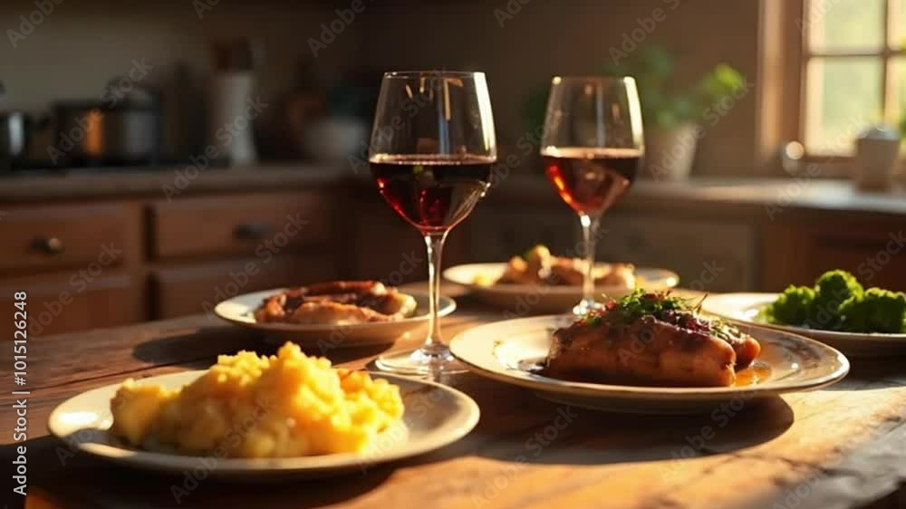 Dinner Table Setting with Red Wine, Roasted Meat, Mashed Potatoes and Broccoli Dinner Table Setting with Red Wine, Roasted Meat, Mashed Potatoes and Broccoli