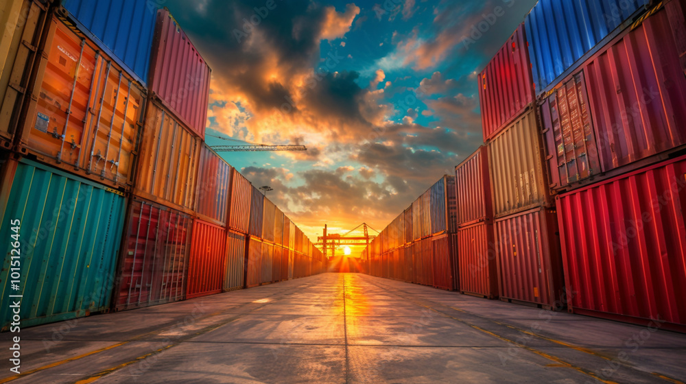 Fototapeta premium Shipping containers aligned in industrial port at sunset