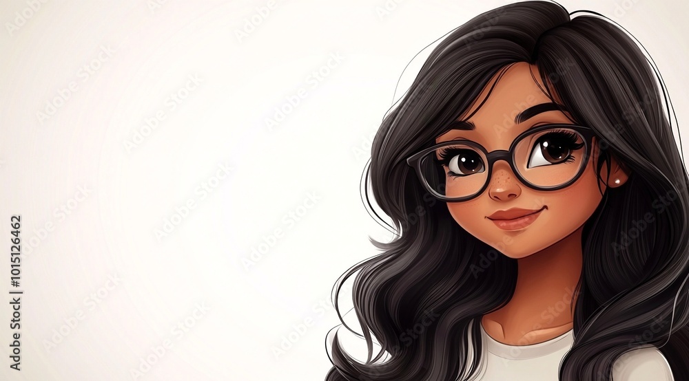 A friendly, cute woman wearing glasses is set against a plain white background. This versatile character graphic provides plenty of space for text, making it ideal for posters or promotional materials A friendly, cute woman wearing glasses is set against a plain white background. This versatile character graphic provides plenty of space for text, making it ideal for posters or promotional materials