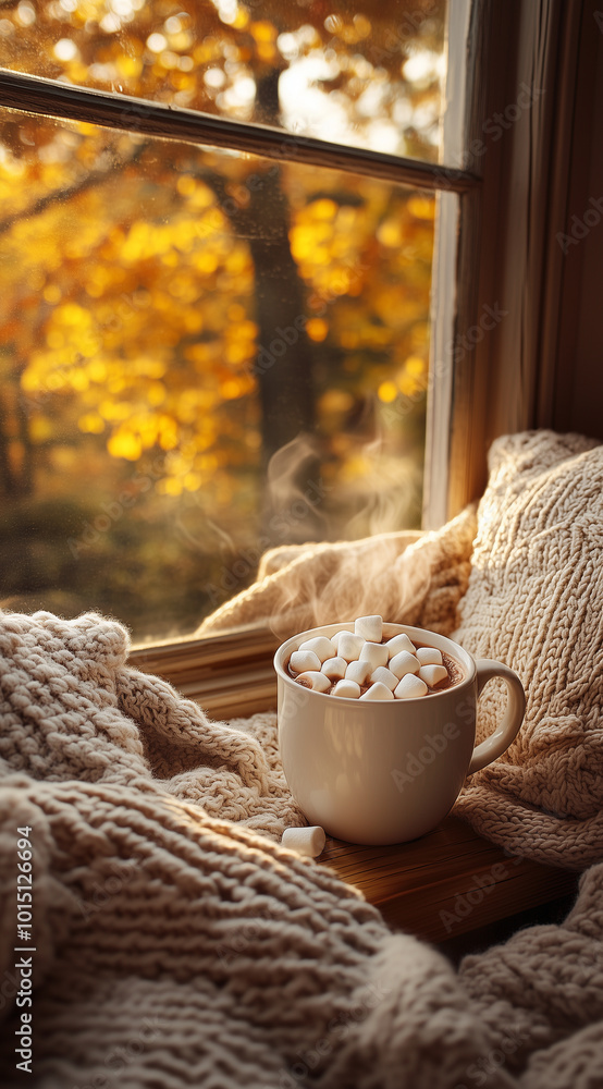 A steaming mug of hot cocoa with marshmallows sits on an old wooden windowsill, surrounded by soft blankets and pillows in the warm glow of golden sunlight filtering through the wi A steaming mug of hot cocoa with marshmallows sits on an old wooden windowsill, surrounded by soft blankets and pillows in the warm glow of golden sunlight filtering through the wi