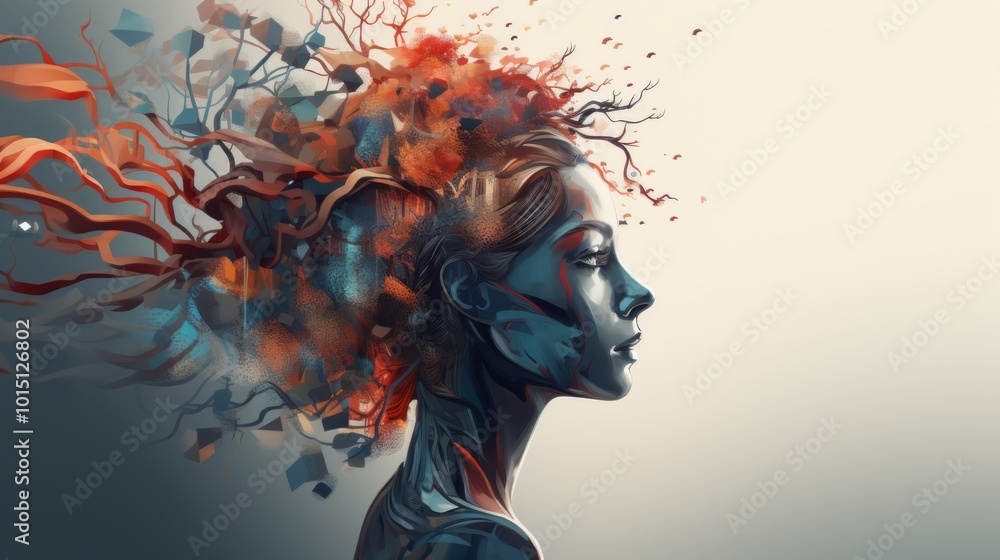 Fototapeta premium A vibrant illustration for World Mental Health Day, featuring a human figure with a creatively designed brain, symbolizing mental well-being and creativity. 