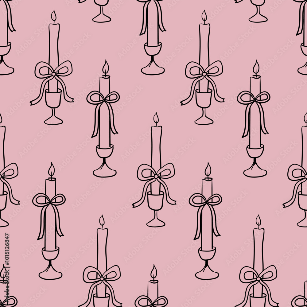 Seamless pattern with candles and bows. Vector hand drawn background in sketch style. Coquette core aesthetic Seamless pattern with candles and bows. Vector hand drawn background in sketch style. Coquette core aesthetic