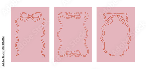 Set of posters with ribbons frames. Vector outline illustration of ribbons in coquette aesthetic. Greeting card templates in sketch style