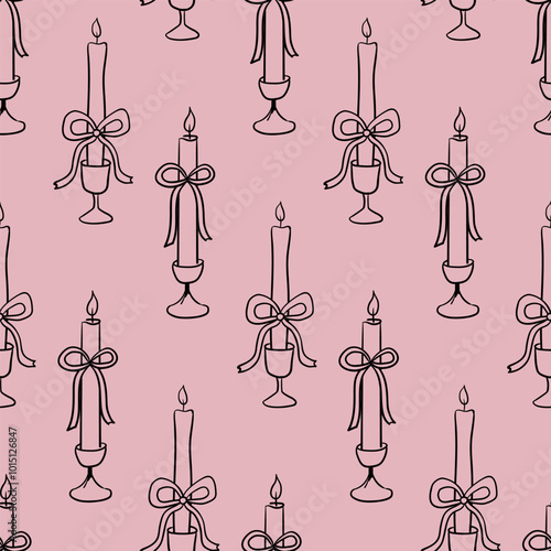 Seamless pattern with candles and bows. Vector hand drawn background in sketch style. Coquette core aesthetic