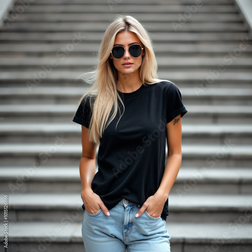 A woman wearing a black shirt and blue jeans, glasses posing against street, Mockup for t-shirt, urban clothing style.