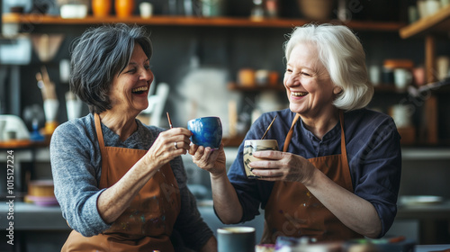 Stock minimalist photo of A senior woman artist joyfully teaches her friend how to paint a ceramic cup, embodying creativity, friendship, and lifelong learning.background is blurre photo