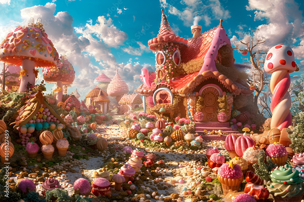 Fototapeta premium Candy village with gingerbread houses and whimsical mushroom structures, Sweets Day