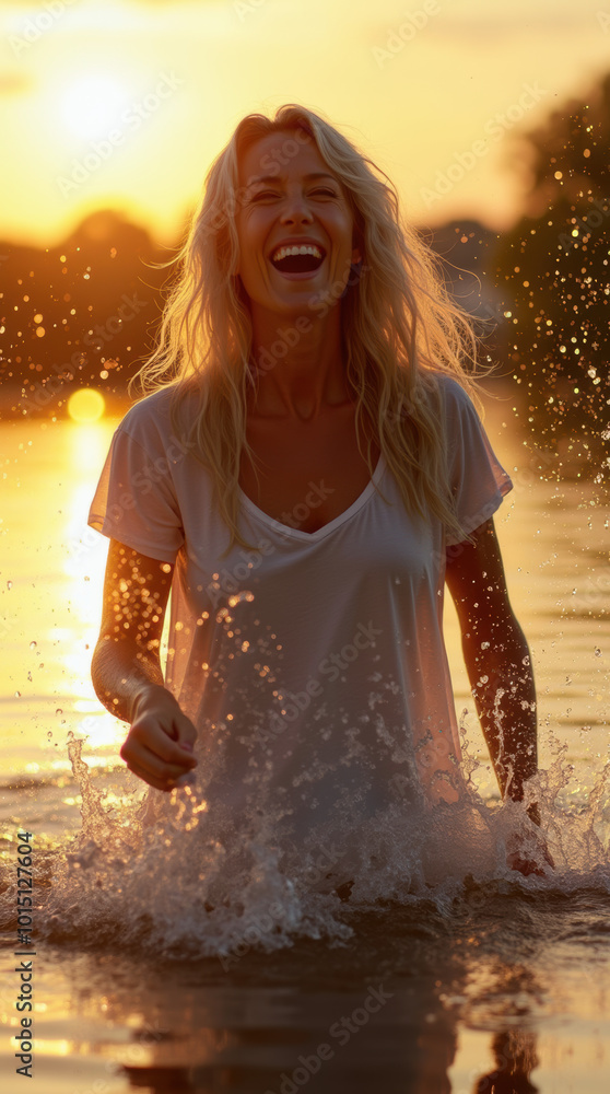 Obraz premium A girl in lake on sunset