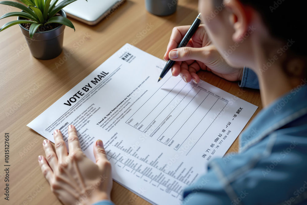 Woman carefully filling out vote by mail ballot paper on desk at home Woman carefully filling out vote by mail ballot paper on desk at home