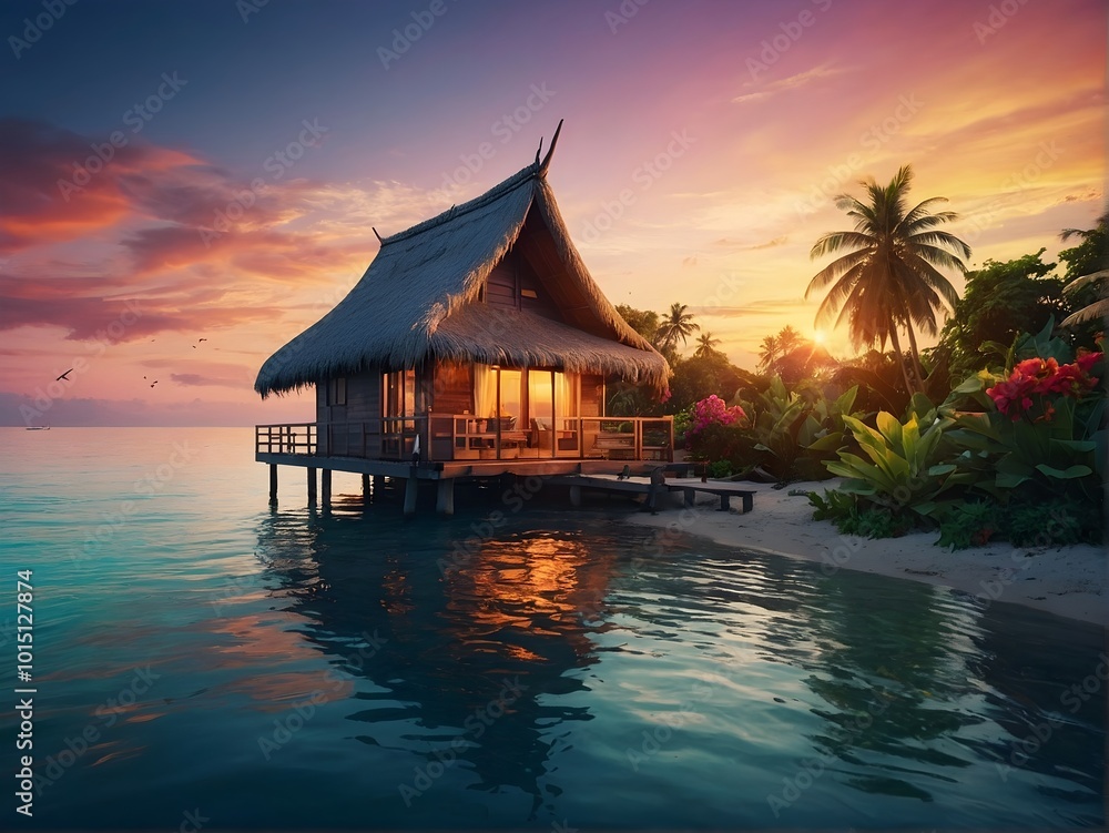 Experience the Serenity of a Tropical Beachfront Bungalow at Stunning Sunset Hours Experience the Serenity of a Tropical Beachfront Bungalow at Stunning Sunset Hours