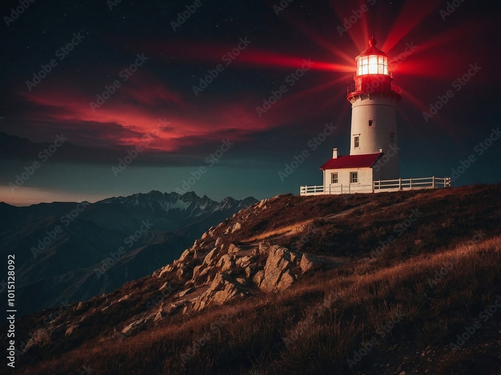 White and red lighthouse, with red light in the mountain, during the night White and red lighthouse, with red light in the mountain, during the night