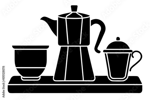 Traditional Ethiopian Coffee Pot Jebena with Cups and Grinder on Tray Silhouette photo