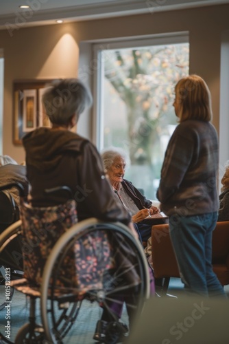 Attendant caring for elderly gentleman outdoors while residents enjoy games in a cozy nursing facility lounge