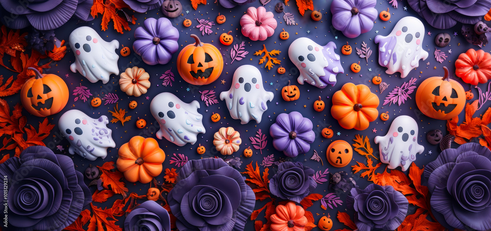 Whimsical Halloween backdrop unfolds, showcasing charming ghosts and playful pumpkins crafted to resemble sculpted clay, surrounded by colorful autumn foliage and purple roses Whimsical Halloween backdrop unfolds, showcasing charming ghosts and playful pumpkins crafted to resemble sculpted clay, surrounded by colorful autumn foliage and purple roses