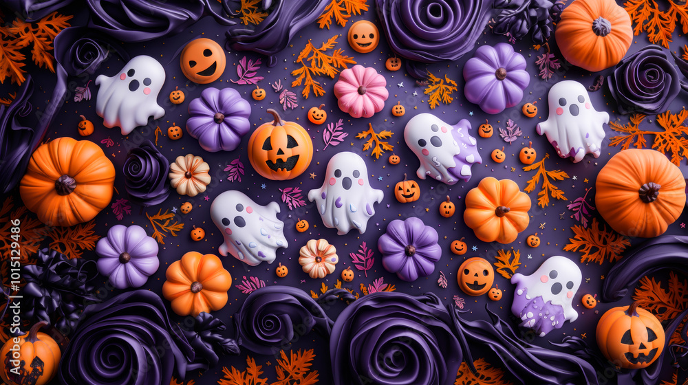 Whimsical Halloween background with adorable kawaii ghosts as if sculpted by clay and vibrant pumpkins, perfect for autumn celebrations and decorations Whimsical Halloween background with adorable kawaii ghosts as if sculpted by clay and vibrant pumpkins, perfect for autumn celebrations and decorations