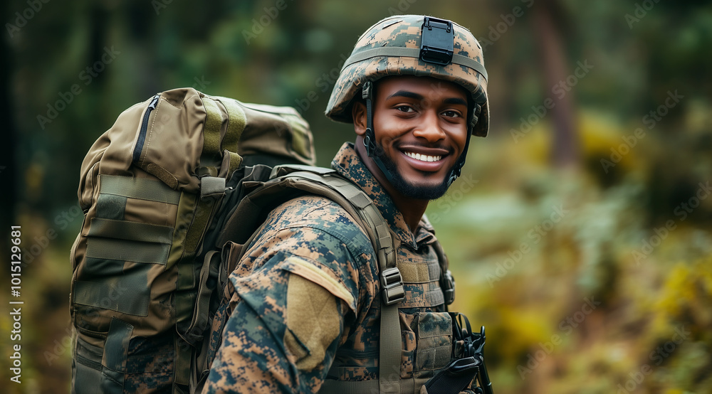 A happy, smiling soldier in camouflage with a backpack and helmet, set against the background of a forest with grass. There is ample space for text. The image has vibrant colors an A happy, smiling soldier in camouflage with a backpack and helmet, set against the background of a forest with grass. There is ample space for text. The image has vibrant colors an