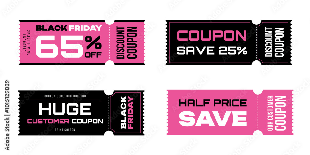 Fototapeta premium Black Friday coupon set, vouchers promotion design template for sale, special price offers banner, promotion poster. Vector illustration