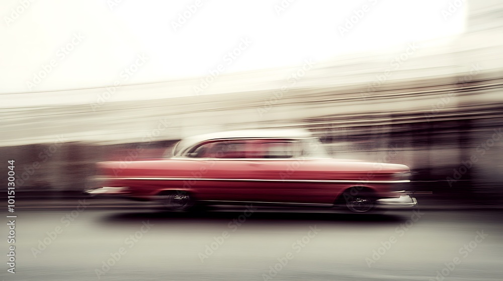 A Red Classic Car Moving Through a Blurry Urban Landscape A Red Classic Car Moving Through a Blurry Urban Landscape