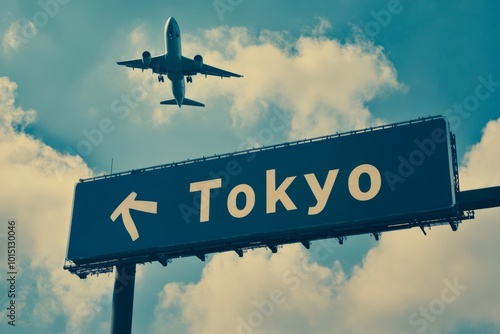 large highway signage to Tokyo with airplane passing by in the air , illustrating traveling with airplane to Tokyo 