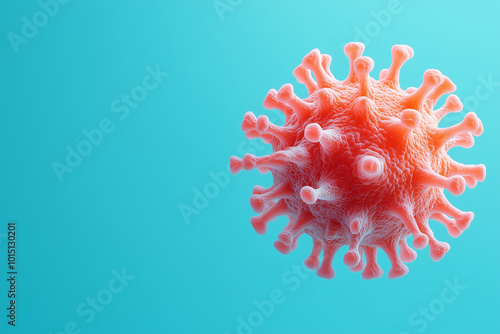 3D render of a virus cell on a blue background, close-up view. photo