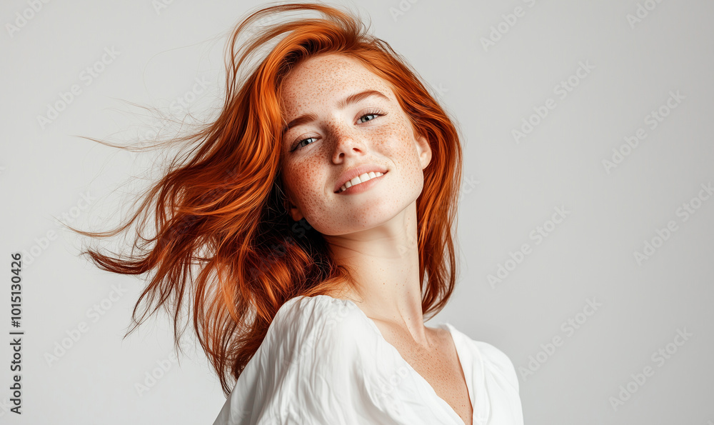 portrait of elegant pretty young woman with ginger long hair style in white clothes smiling posing on white background, pretty cute candid beauty portrait, natural look, face skin with freckles portrait of elegant pretty young woman with ginger long hair style in white clothes smiling posing on white background, pretty cute candid beauty portrait, natural look, face skin with freckles