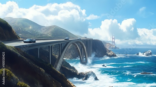 Wallpaper Mural Coastal Bridge With Cars Driving Over It, A Distant View Of A Bridge In The Distance Torontodigital.ca