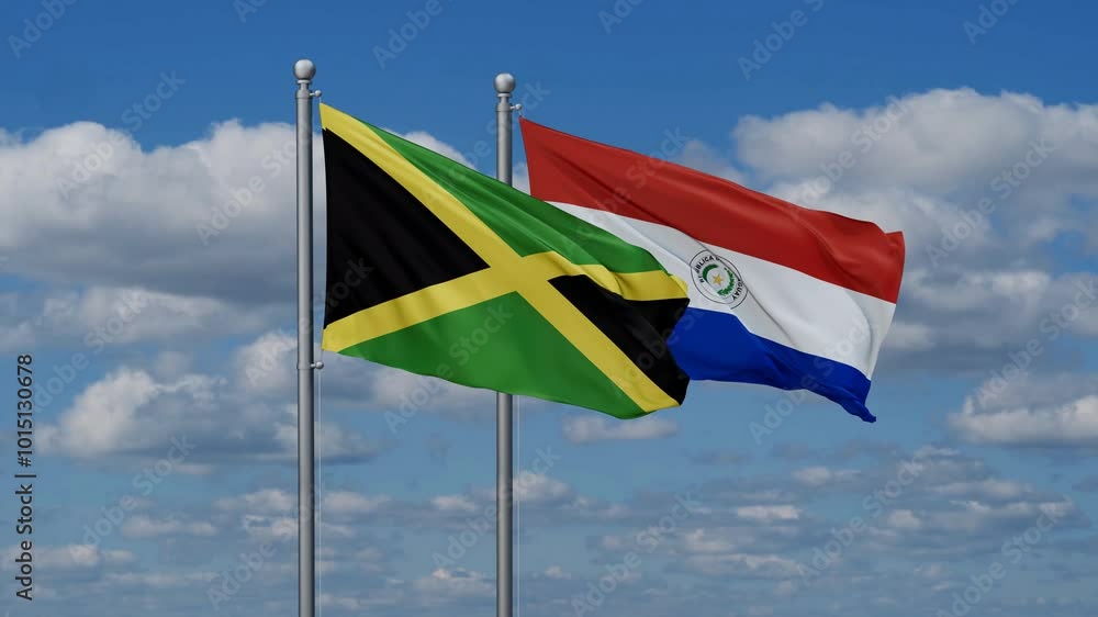 Paraguay and Jamaica flags flying together, video concept of the relationship, two country relations concept Paraguay and Jamaica flags flying together, video concept of the relationship, two country relations concept