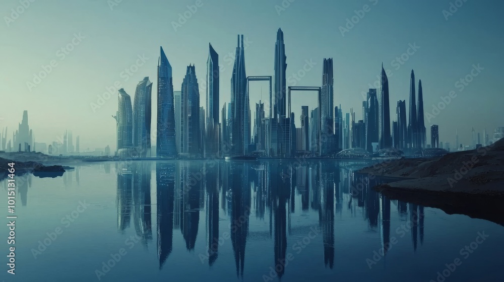 Naklejka premium view of 'Dubai Frame', futuristic buildings, skyline, high definition, detailed, modern architecture, real style image, blue color tone 