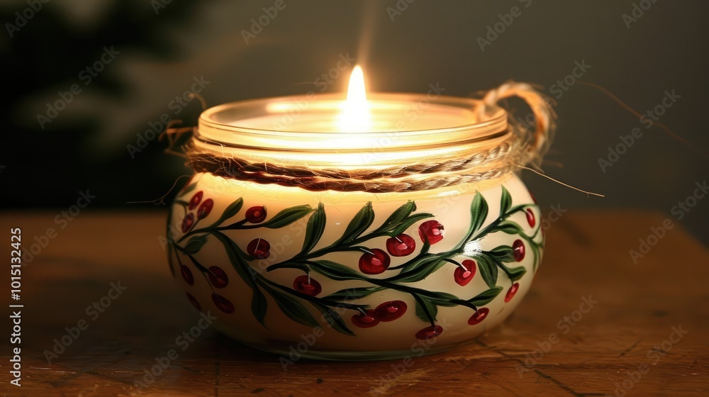 an old-fashioned mason jar candle with red holly berries an old-fashioned mason jar candle with red holly berries