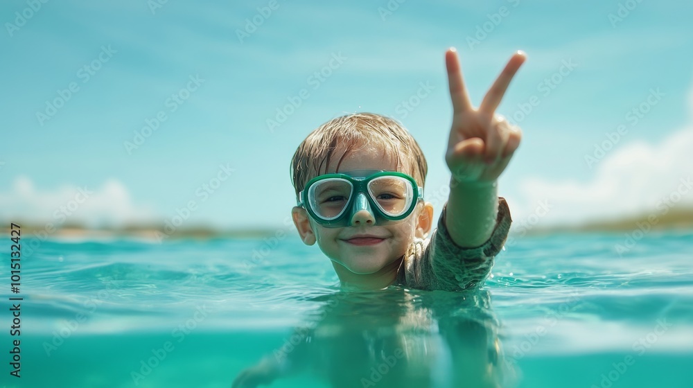 Naklejka premium Carefree Child Underwater Flashing Peace Sign in Serene Ocean Minimalist Photo