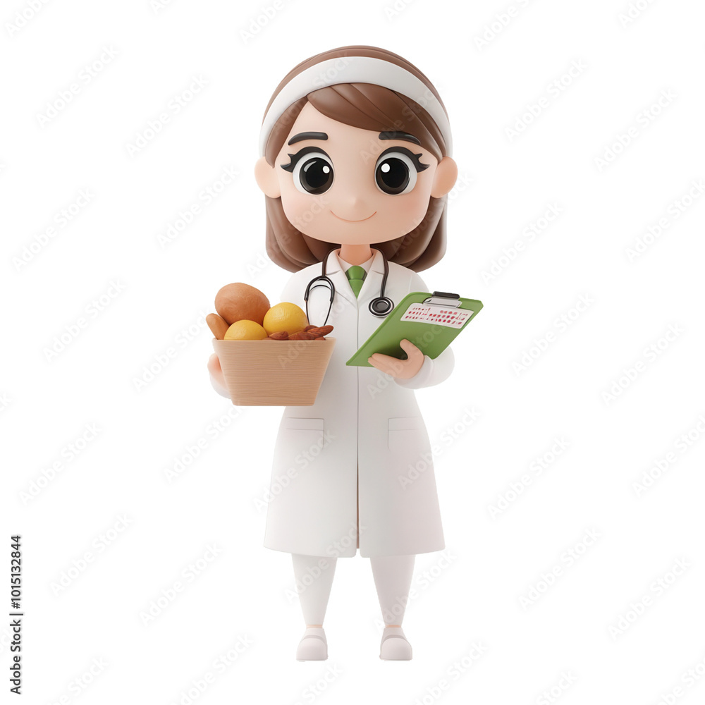 Dietitian with a chart and food, 3D illustration on transparent background
