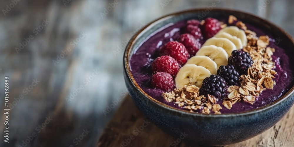 Bowl Topped with Granola, Banana, and Berries on a Rustic Table Bowl Topped with Granola, Banana, and Berries on a Rustic Table