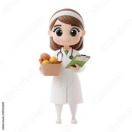 Obraz na płótnie Dietitian with a chart and food, 3D illustration on transparent background w salonie