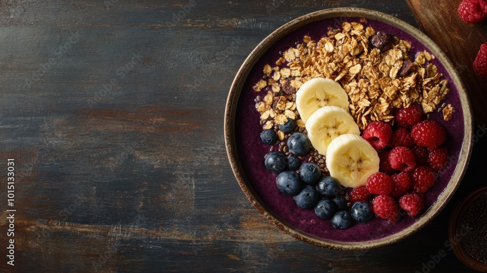 Bowl Topped with Granola, Banana, and Berries on a Rustic Table Bowl Topped with Granola, Banana, and Berries on a Rustic Table