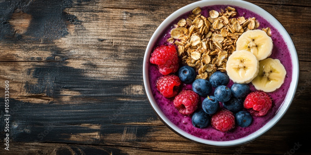 Bowl Topped with Granola, Banana, and Berries on a Rustic Table Bowl Topped with Granola, Banana, and Berries on a Rustic Table