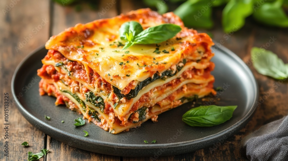 Slice of Savory Vegetable Lasagna Served on a Plate with Fresh Basil on the Side on a Wooden Table Slice of Savory Vegetable Lasagna Served on a Plate with Fresh Basil on the Side on a Wooden Table