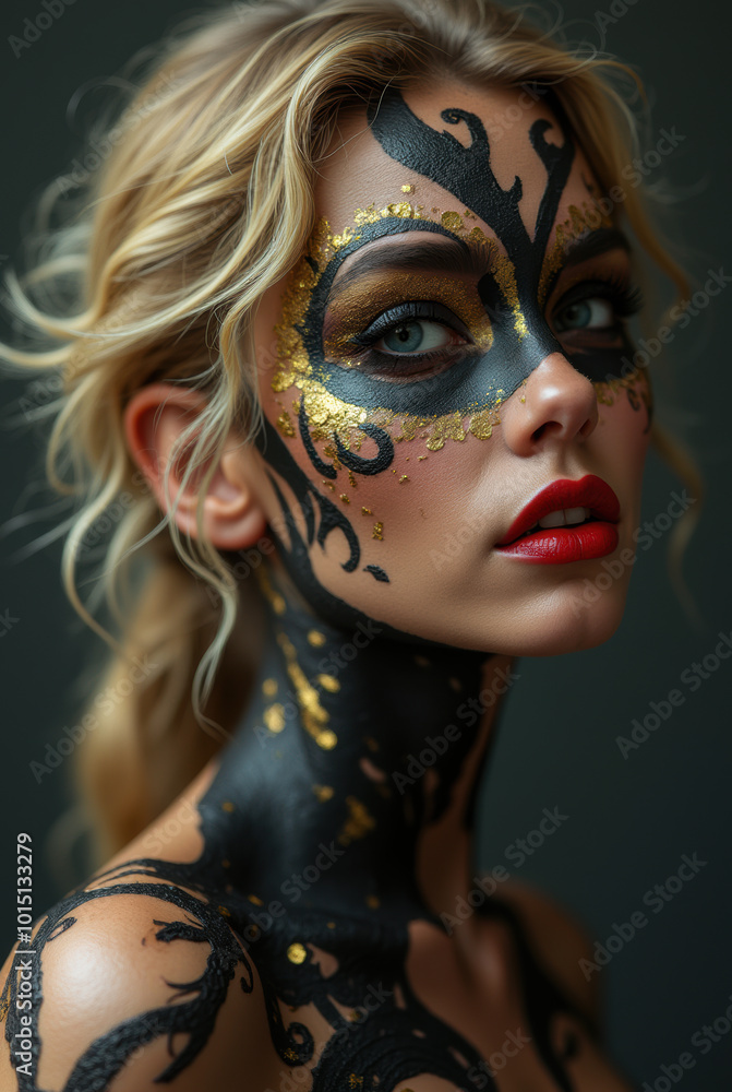 A woman with a mask painted on her face A woman with a mask painted on her face