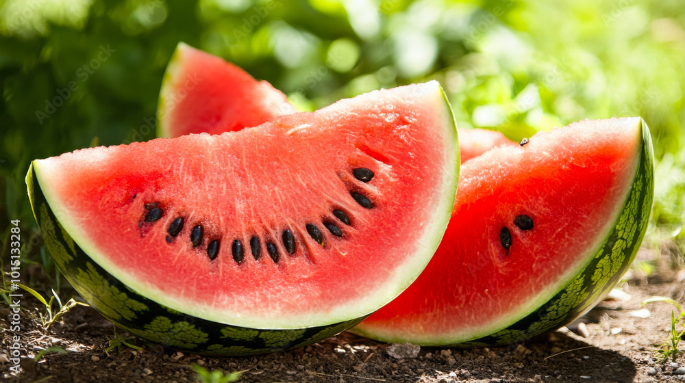 Freshly cut watermelon slices on a sunny day in a garden showcasing their vibrant red flesh and black seeds Freshly cut watermelon slices on a sunny day in a garden showcasing their vibrant red flesh and black seeds