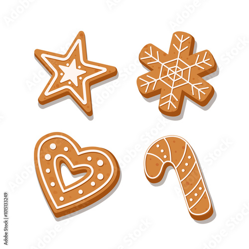 Collection of Christmas ginger cookies includes Gingerbread heart, Gingerbread star, Gingerbread cane, Gingerbread snowflake isolated on white background.	